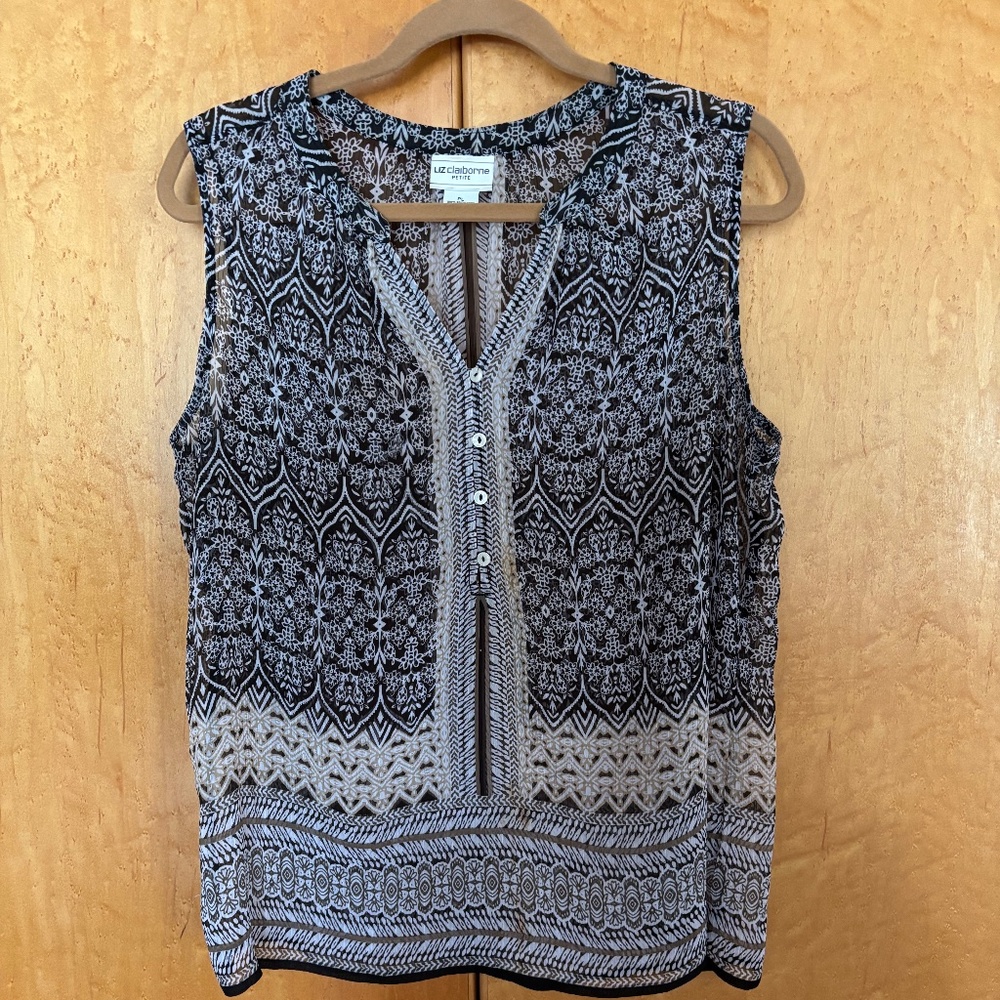 Women's Sheer Pull Over Top Size L Black and Beige
